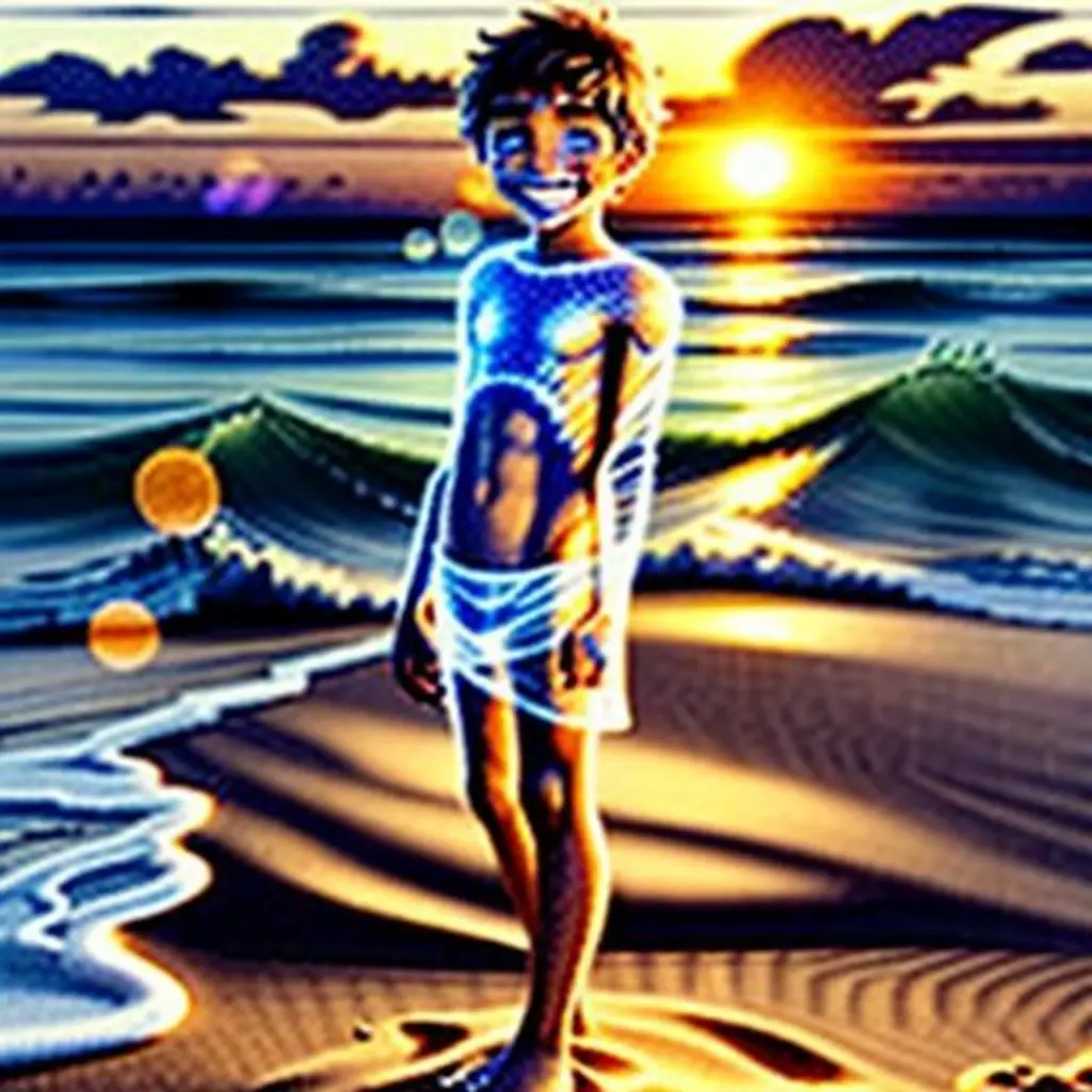 Brillo Arena, un grano de arena sonriente, es levantado suavemente por una ola al atardecer, brillando de color naranja.