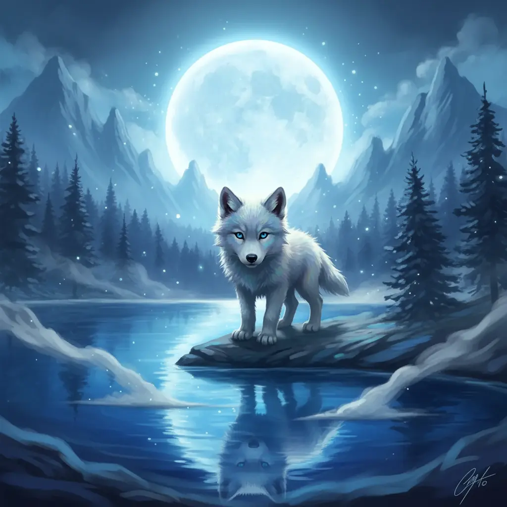 El lobito sonríe mientras la luna de cristal, brillante y serena, emerge del lago mágico.