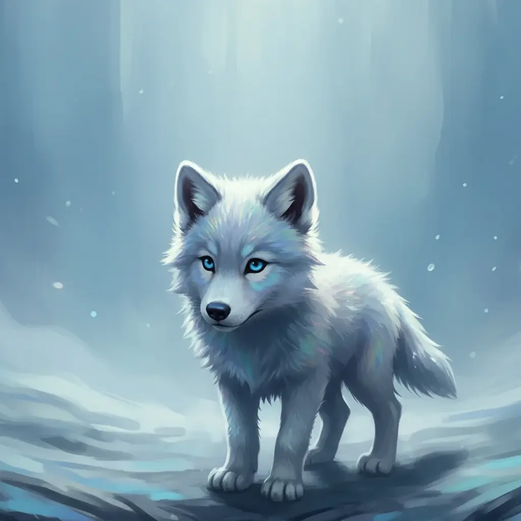 Un pequeño lobito de las nieves, con orejas atentas, escucha un dulce susurro en el bosque.