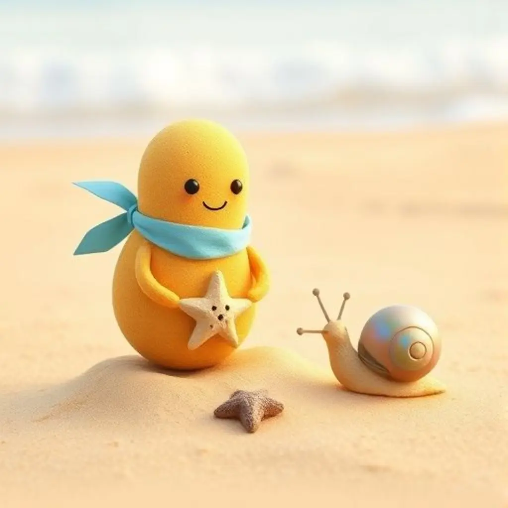 Granito ofrece una estrella de mar de arena a un pequeño caracol.