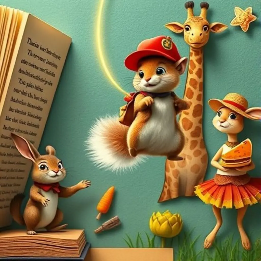 Leo y Chispa saltando entre libros mágicos con animales parlantes.