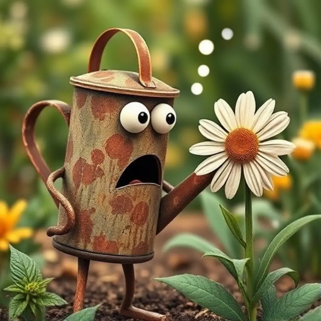 Regaderín susurra una historia a una margarita muy triste y marchita.