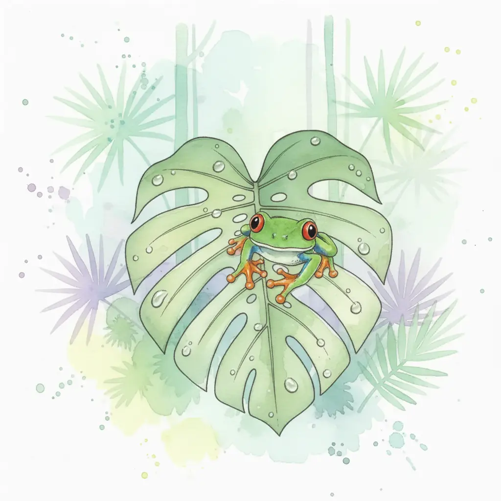 Dos grandes ojos rojos y brillantes aparecen en la cara de la ranita verde.