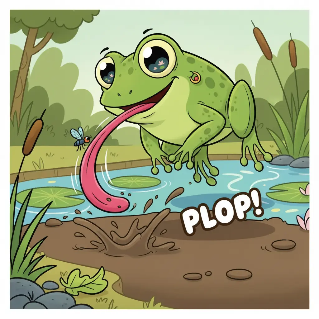 El sapito Brincos da un gran salto, su lengua larga y elástica atrapa a la mosca justo antes de aterrizar en el fango.