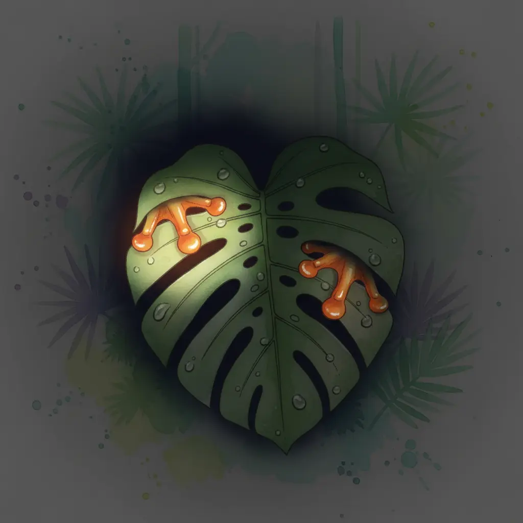 Unas pequeñas patitas naranjas se agarran a una gran hoja verde rodeada de niebla.