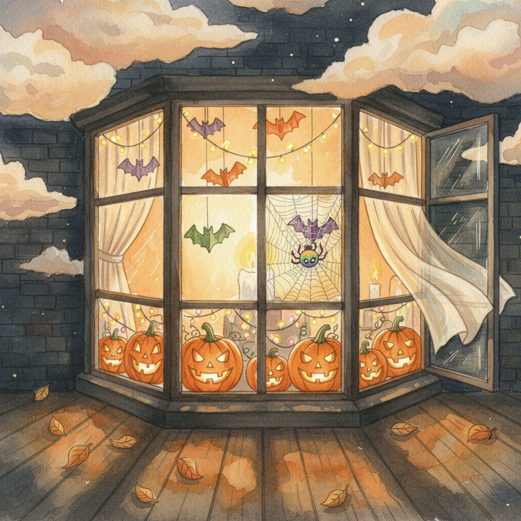 Seda, una arañita diminuta y colorida, comienza a tejer su telaraña mágica en una ventana de Halloween iluminada.