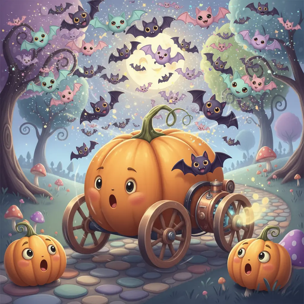 Calabaza Trotadora flotando en el aire, rodeada por un remolino de murciélagos asombrados.