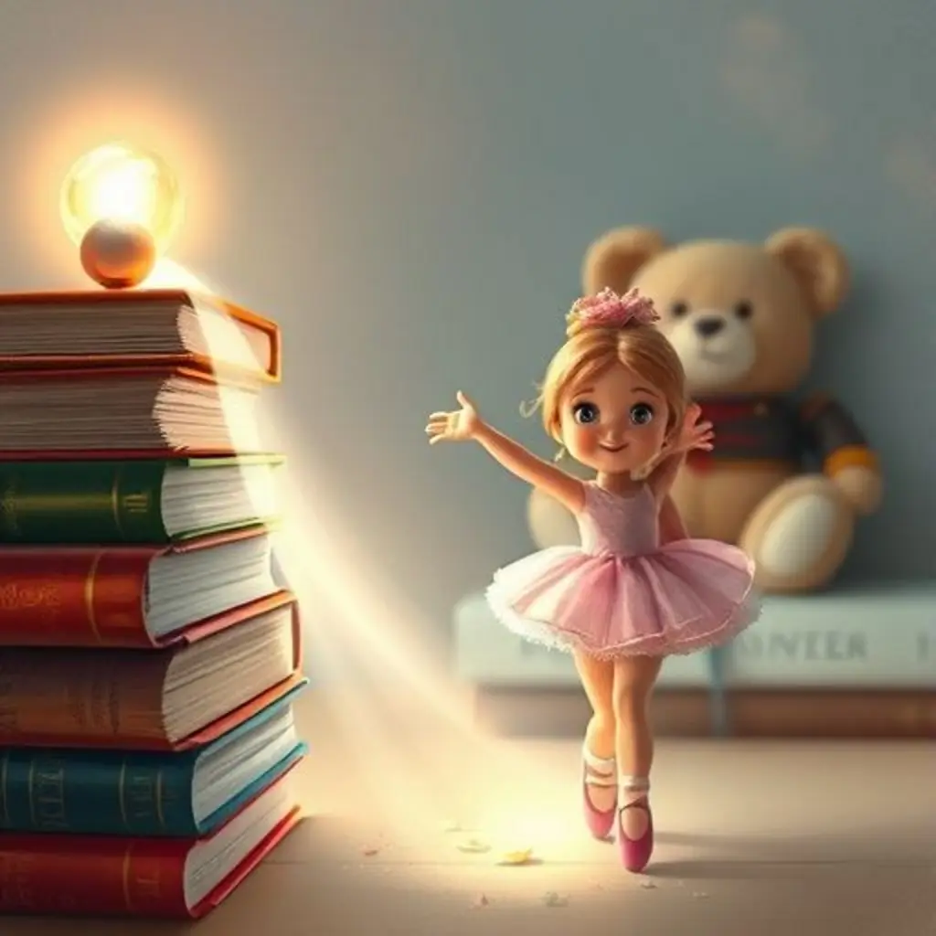 Ojo Curioso, brillando con confianza, muestra el camino a la zapatilla de ballet perdida, mientras los juguetes celebran.