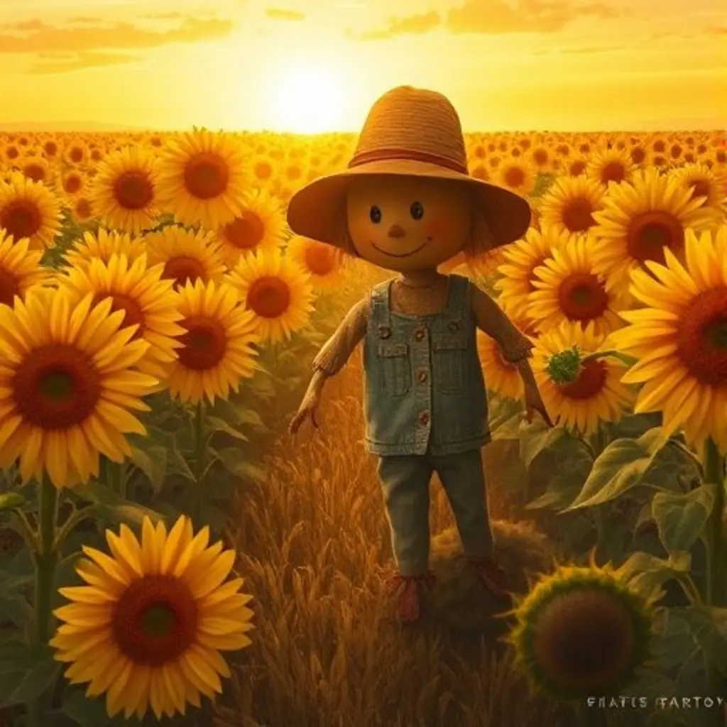 Paja, el espantapájaros, está en un campo de girasoles brillantes al atardecer.