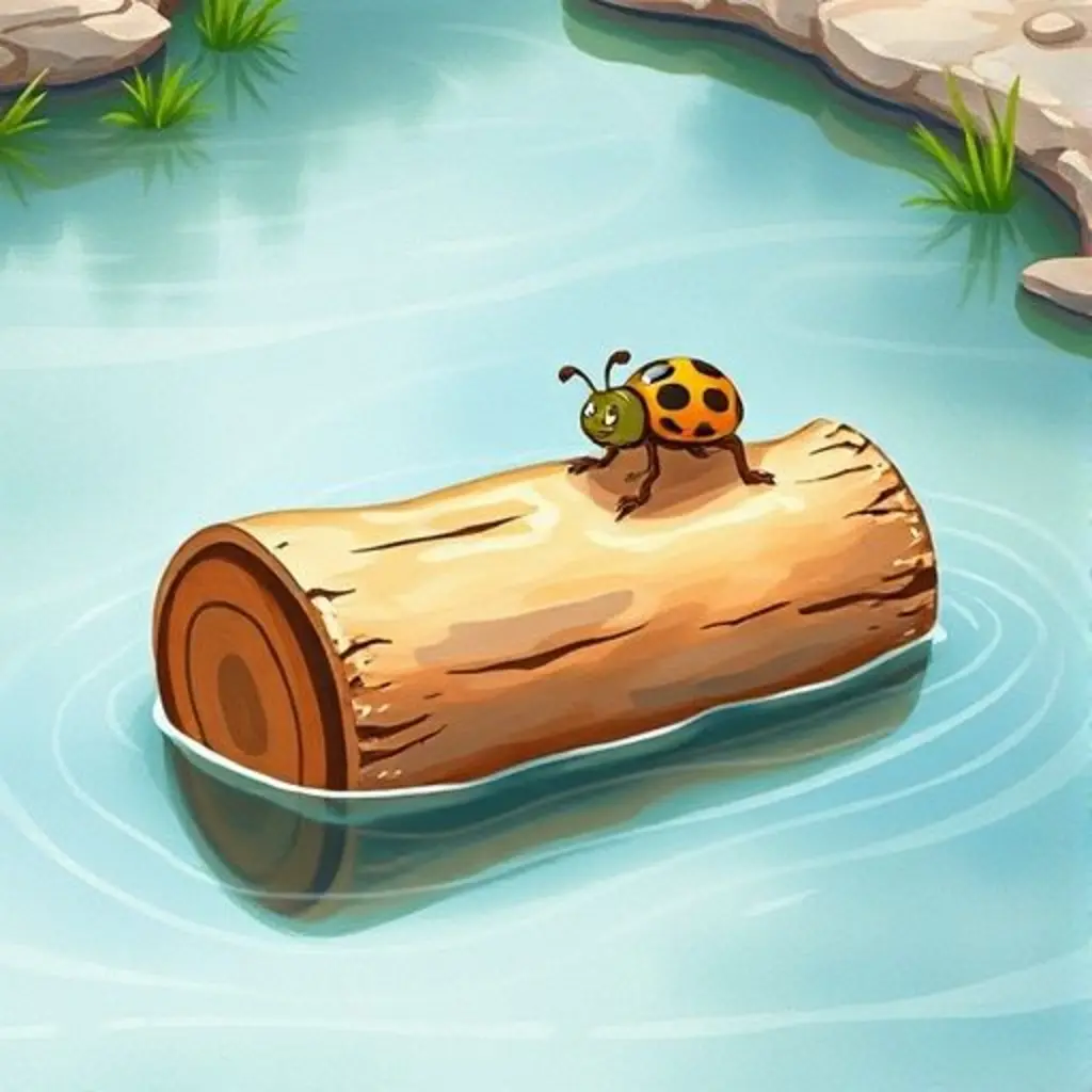 Tronco Viajero, un tronco amigable, flota en el río con un escarabajo subiendo a su espalda.