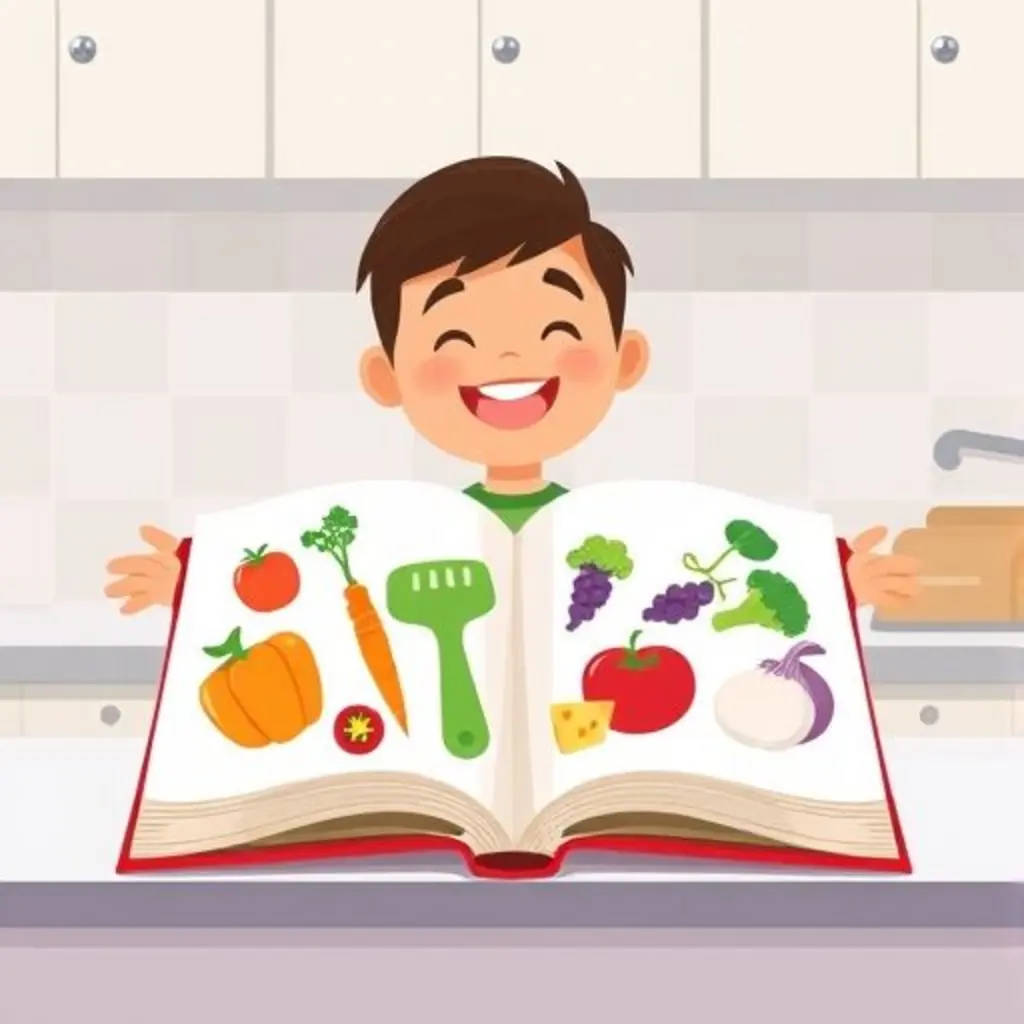 Libro Cocinero feliz, con todos los ingredientes dibujados bailando juntos en una coreografía de recetas.