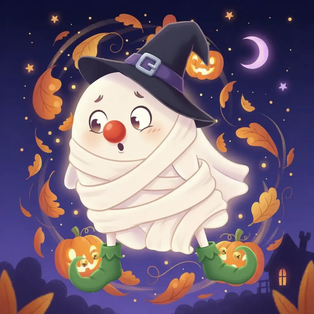 Fantasmín enredado en un gorro de bruja, una nariz de payaso y zapatos gigantes.