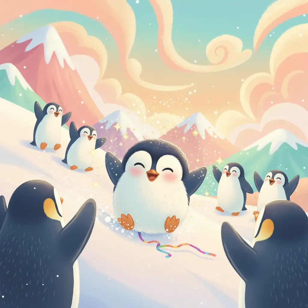 Pip celebra en la meta con los otros pingüinos, feliz y orgulloso de su singularidad.
