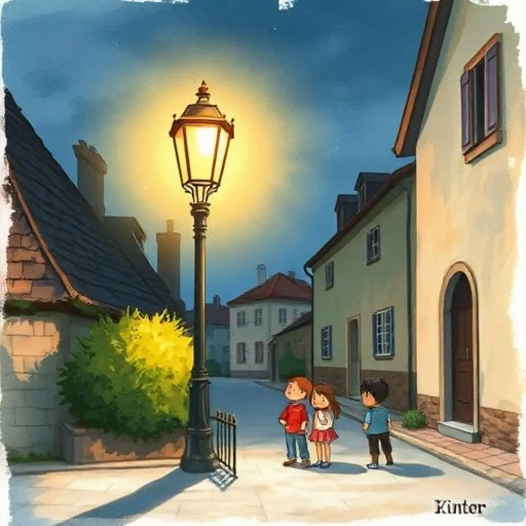 Luminario, un farol viejo, ilumina la calle con sombras divertidas.