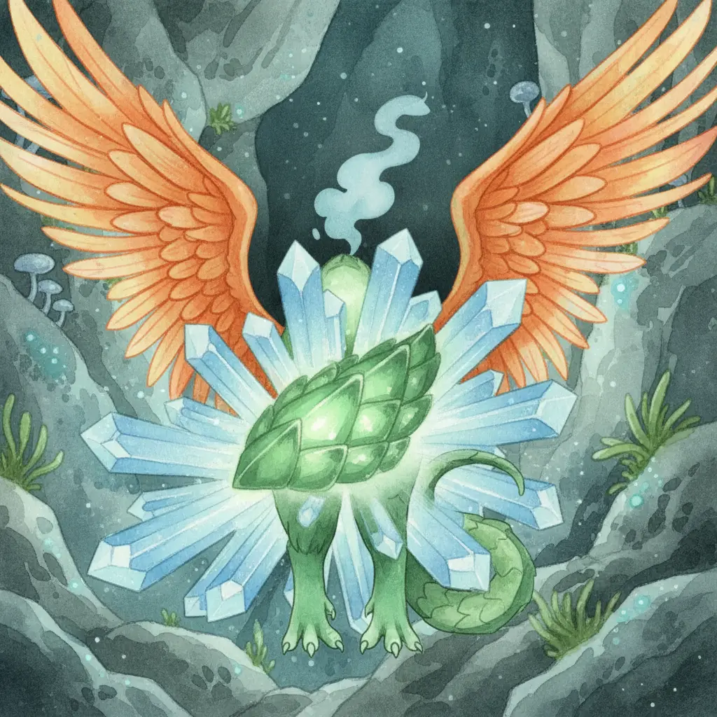 Las patas, la cola y las alas están visibles, y ahora sale una nube de humo azul de la oscuridad.