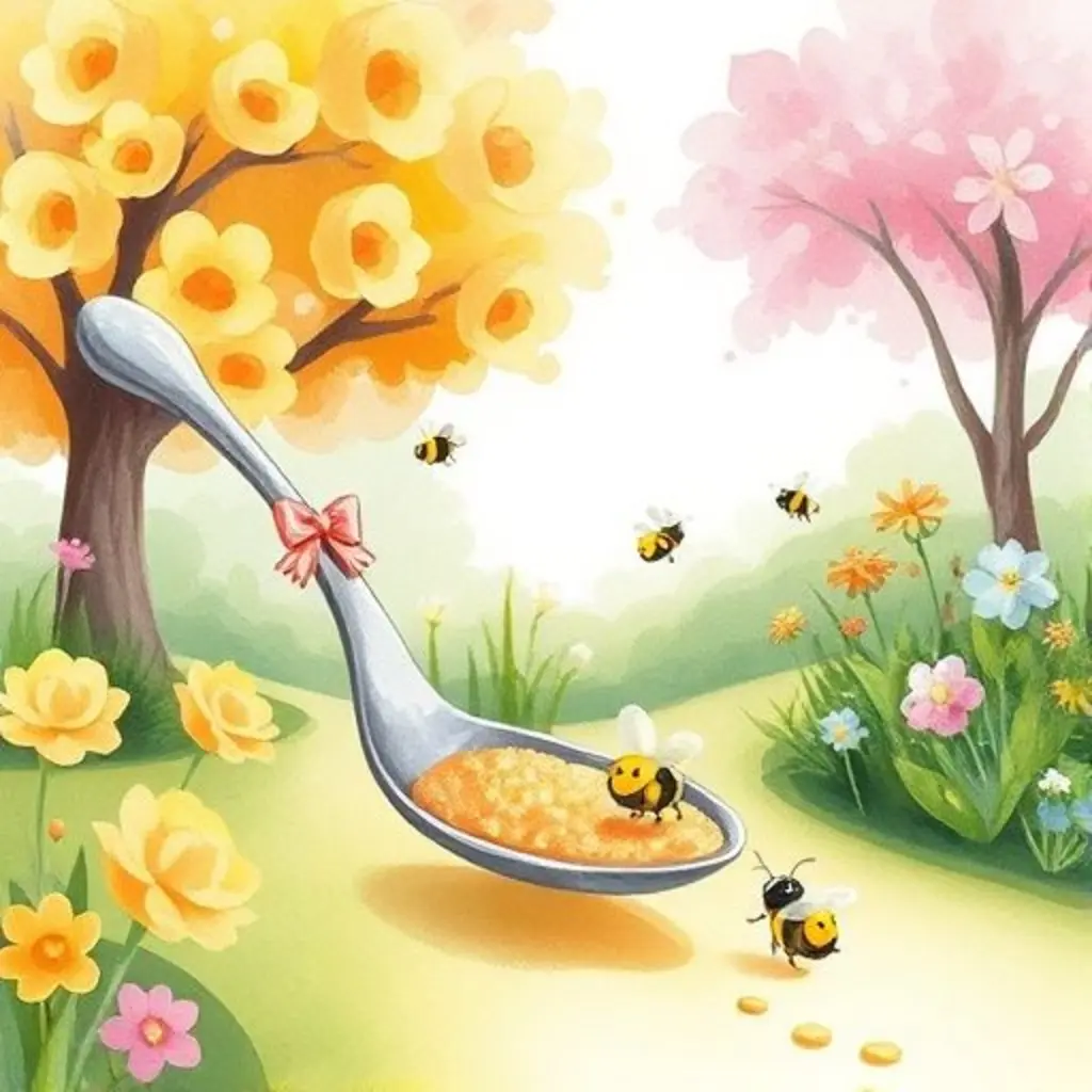 Cucharita Dulce guía a un grupo de abejas felices hacia flores dulces con su camino de aromas.