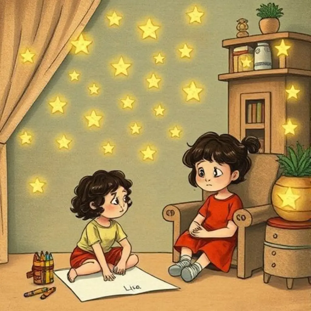 Rizos rodeado de chispitas brillantes, observando a una niña triste sentada en el suelo.