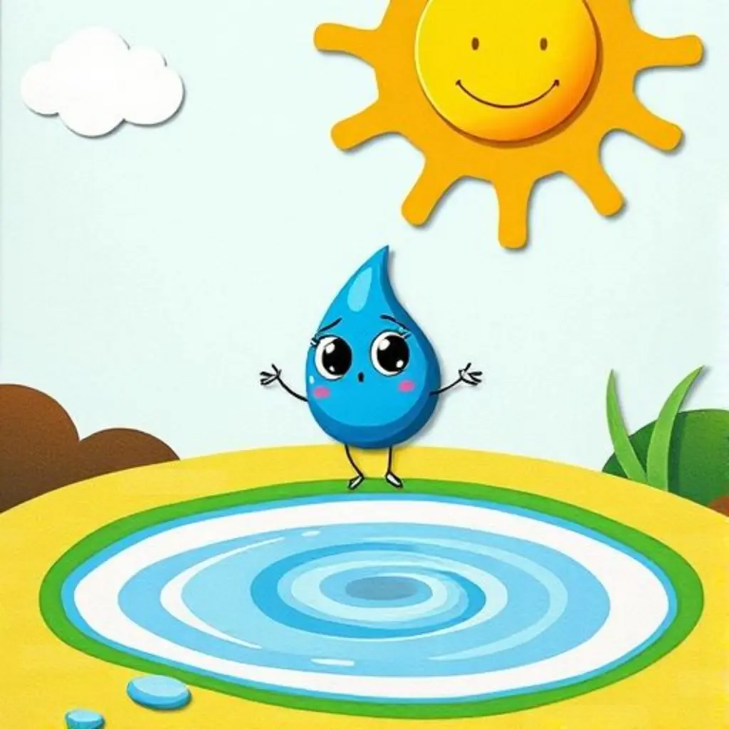 Una gotita de agua en un charco con el sol brillando sobre ella.