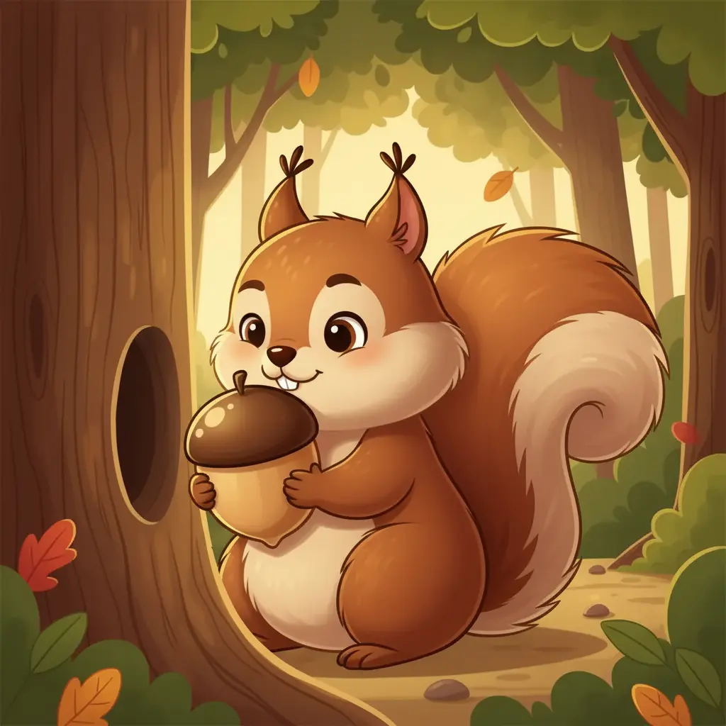 Pelusa la ardilla guarda cuidadosamente su bellota en un lugar seguro.