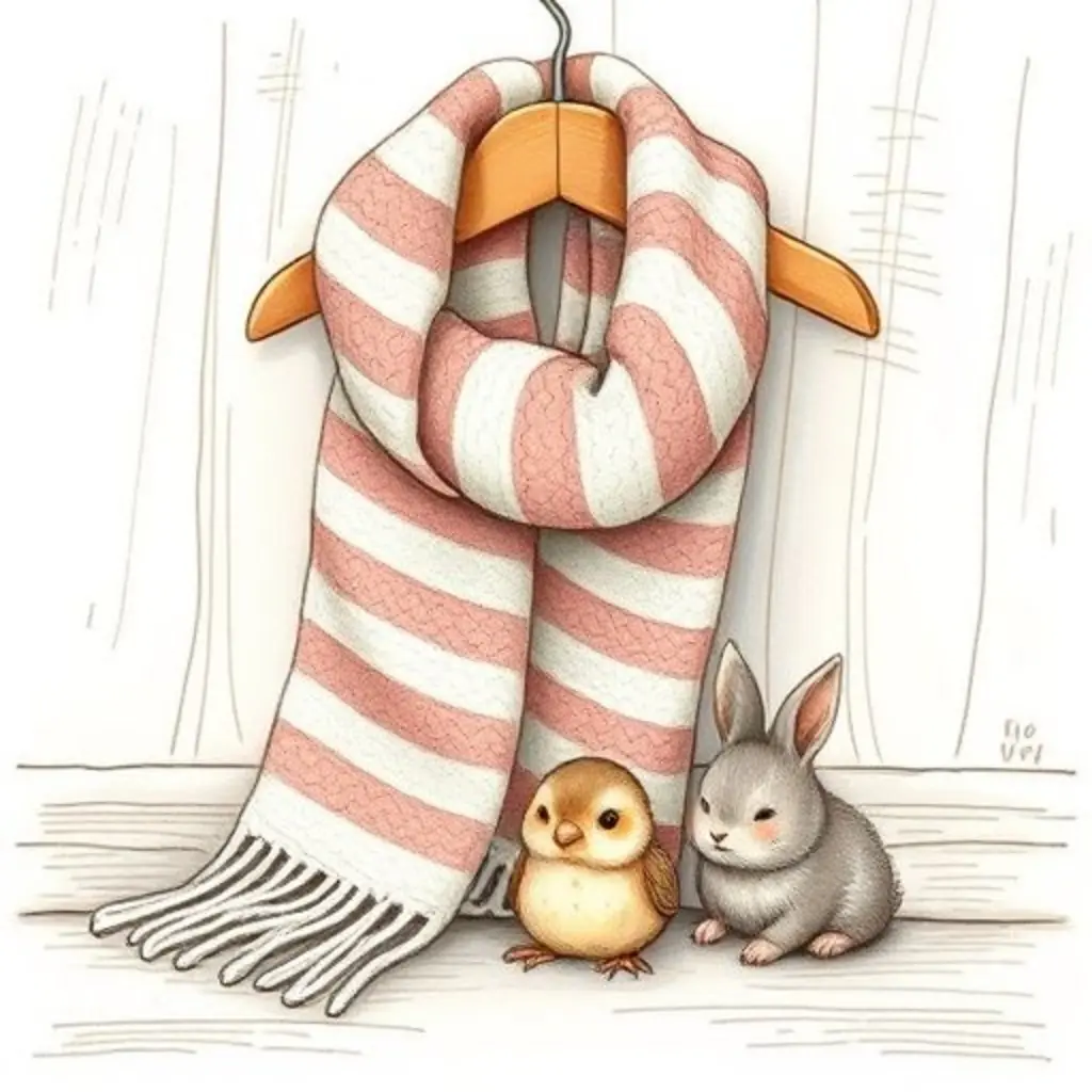 Lana envuelve a un pajarito caído con sus suaves hilos, mientras Pelusín el conejito de polvo mira.