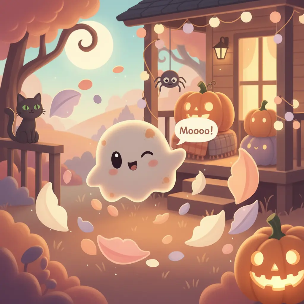 Boo-Blando sigue intentando asustar con '¡Mooooo!' y se acerca a una calabaza tallada en un porche.