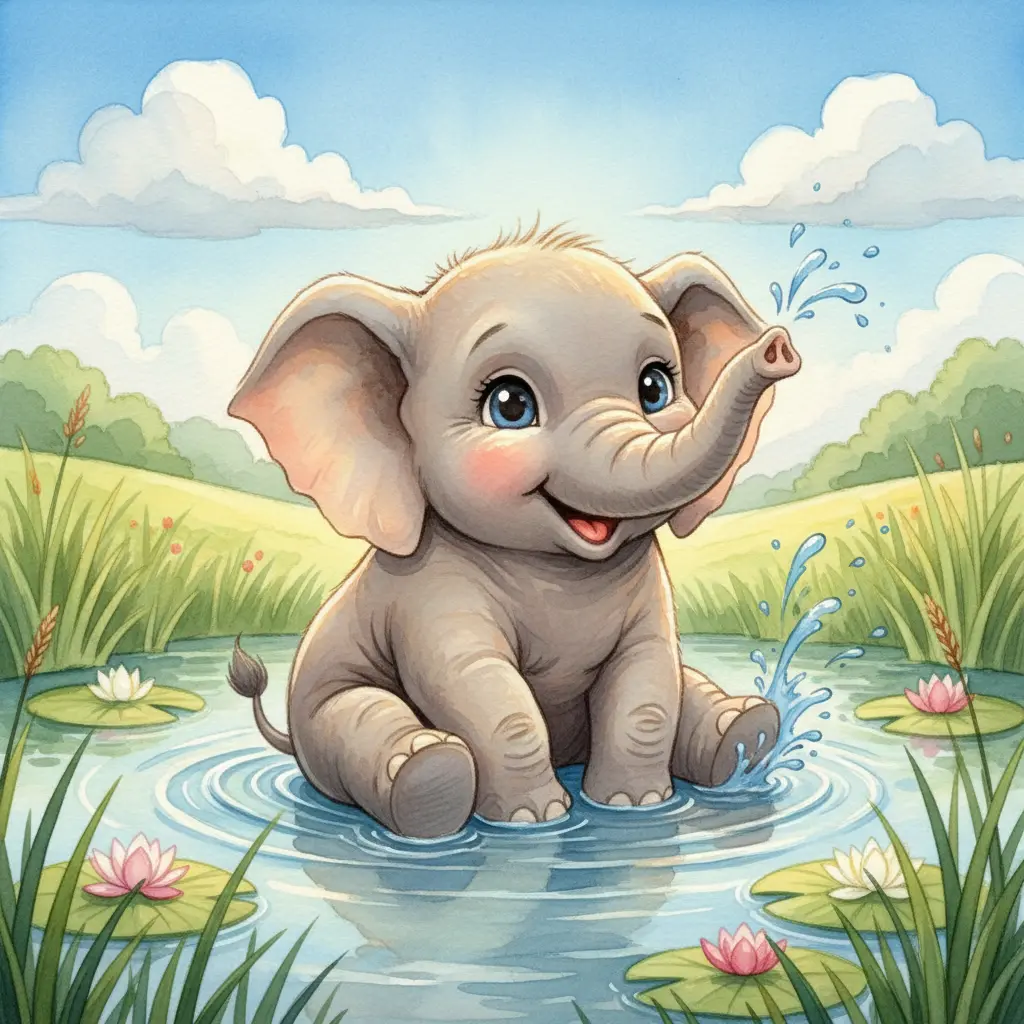 Un elefantito bebé sentado en un charco de agua, rodeado de pasto verde y sol.