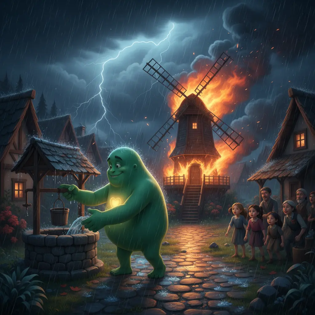 Franki valientemente apaga el fuego del molino durante la tormenta.