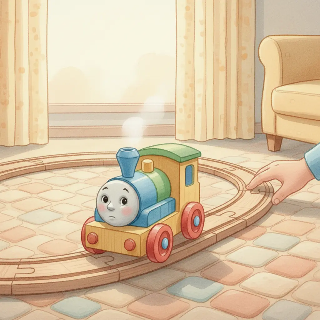 Tren Pequeñín, un tren de juguete con ruedas rojas brillantes, en una alfombra, mientras una pequeña mano añade una vía nueva.