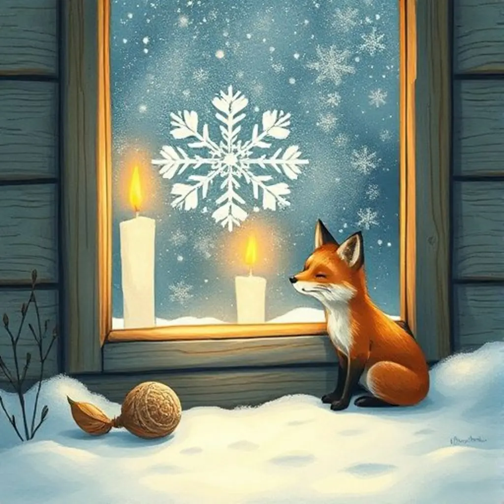 Crista en una ventana, reflejando una luz intensa que guía a un zorro hacia la calidez.