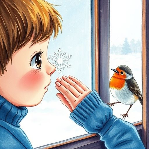 Un niño curioso y un petirrojo observan un copo de nieve brillante en la ventana.