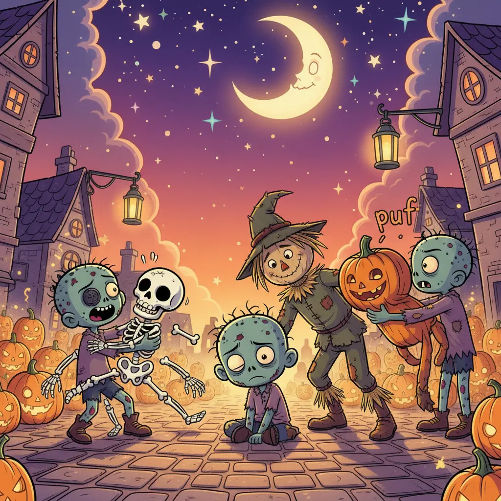 Zombo intenta abrazar a un esqueleto y a un hombre calabaza, haciendo que se desarmen o achaten, y luego se sienta triste junto a un espantapájaros.