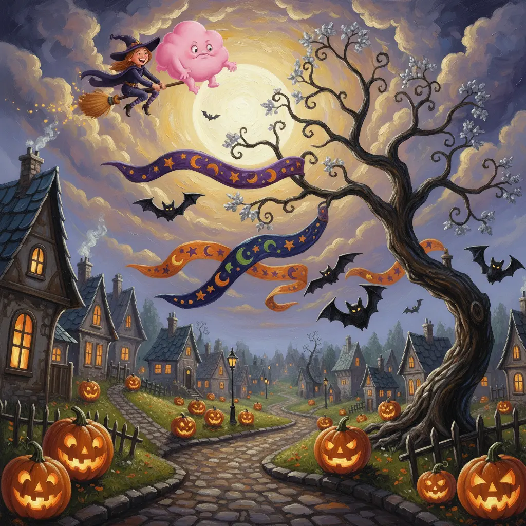 Lily vuela en su escoba mágica, riendo mientras persigue una Nube de Caramelo regordeta sobre los tejados iluminados por la luna.