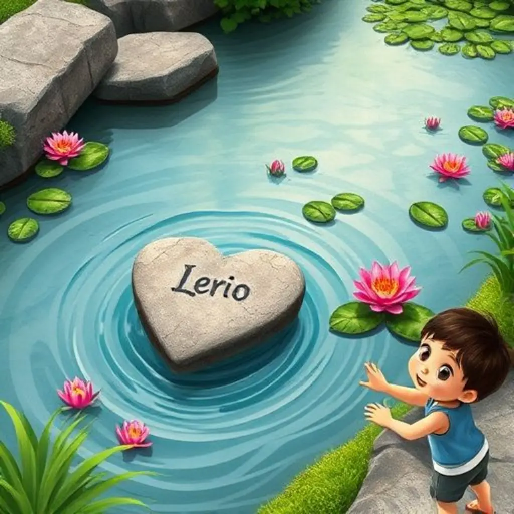 La piedra saltando de nuevo en el río, con más nenúfares de colores floreciendo.