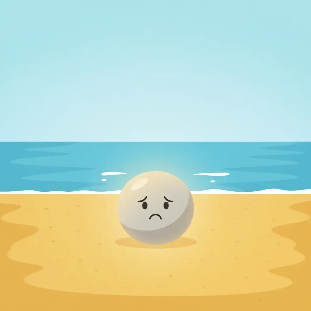 Calientito, un guijarro gris, luce algo triste en la playa, con olas en el fondo.