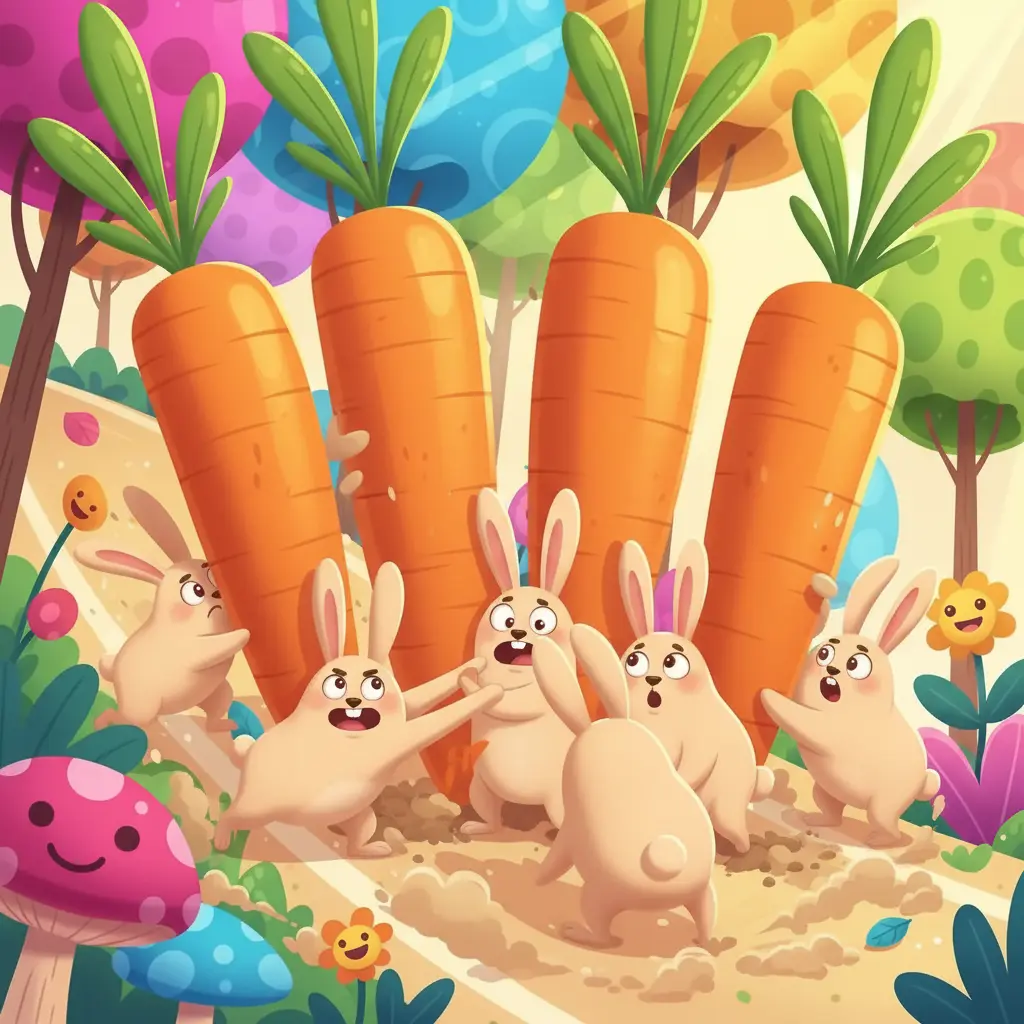 Los conejos bromistas se preparan emocionados para su carrera de zanahorias gigantes.
