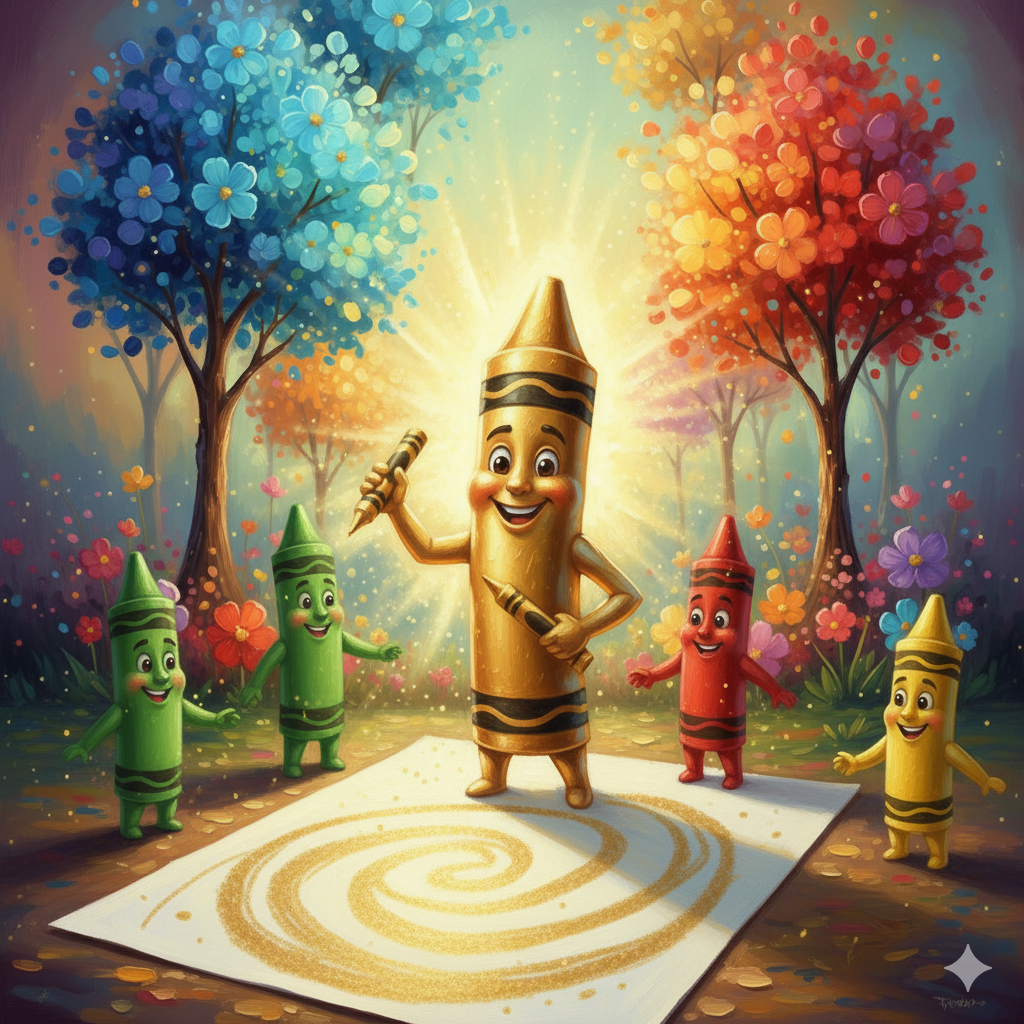 Oro, el lápiz dorado, dibuja con entusiasmo rodeado de lápices vibrantes en un dibujo mágico.