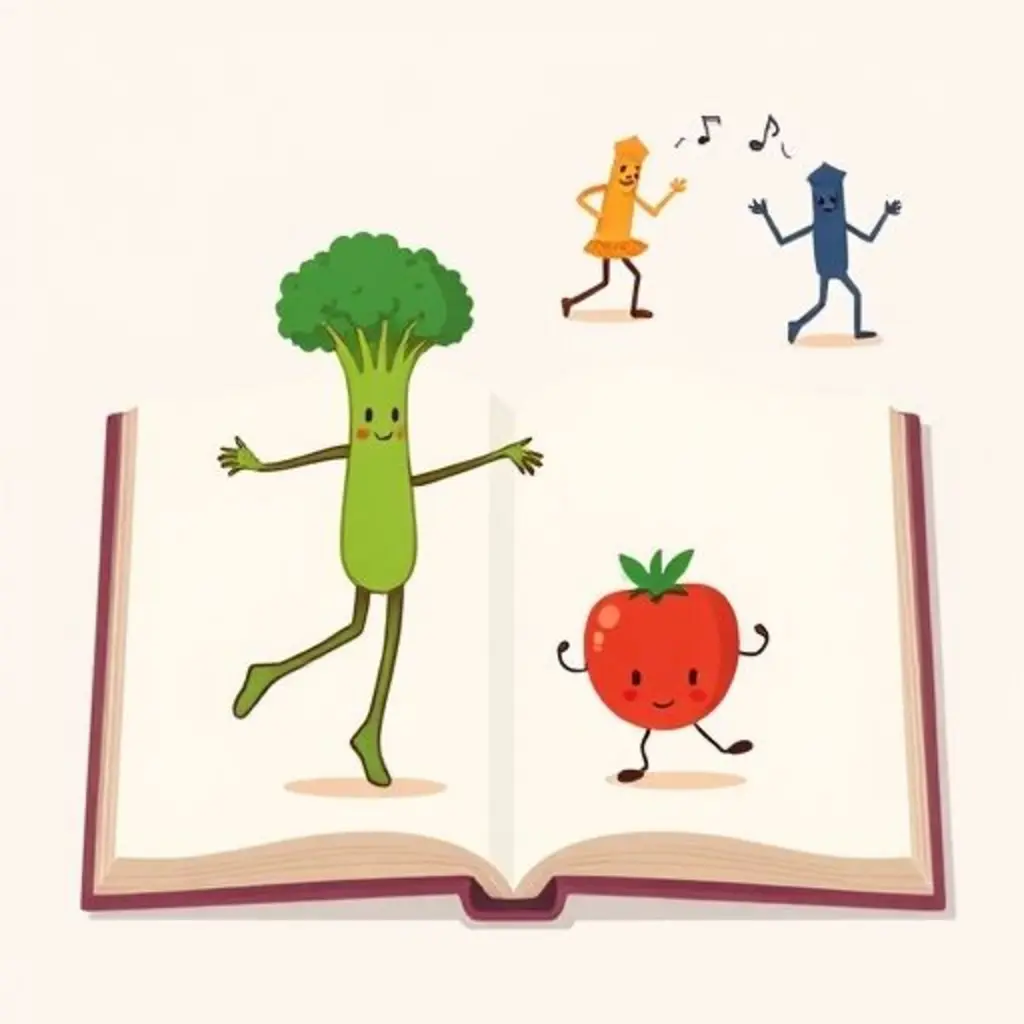 Brócoli y tomate dibujados bailan un ballet cómico mientras la sal y pimienta hacen un vals.