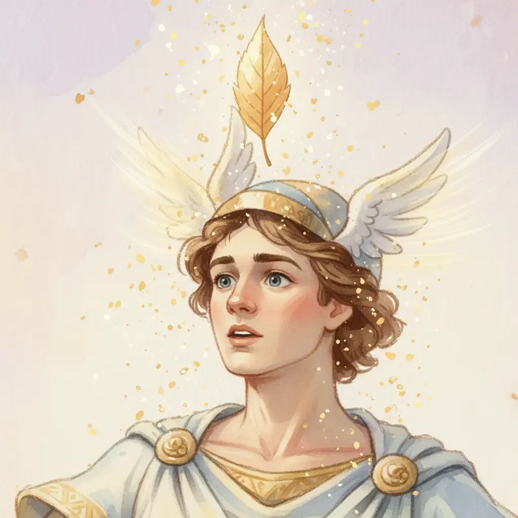 Hermes mira asombrado cómo sus alas, al batir, llenan una hojita de deseo con brillos dorados que la hacen flotar.