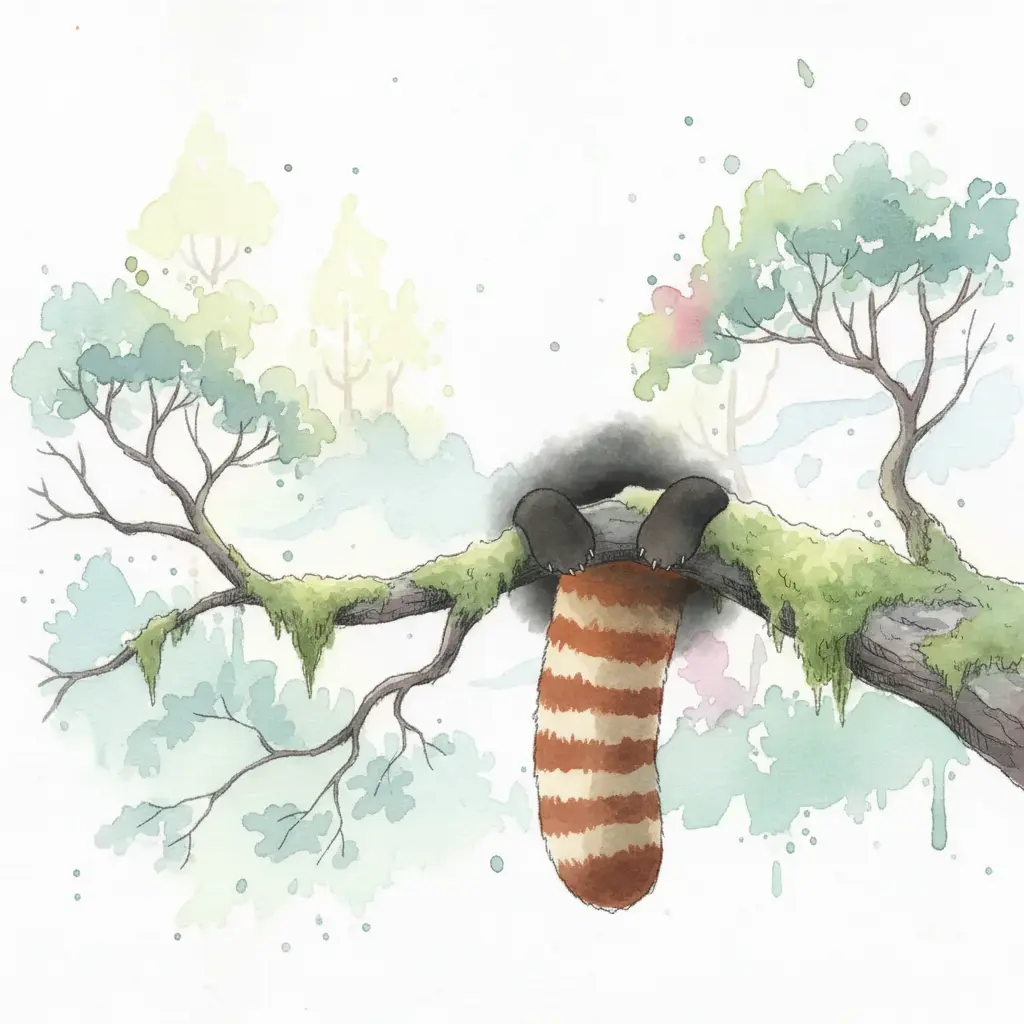 Cuatro patitas negras como calcetines se agarran a la rama junto a la cola anillada.