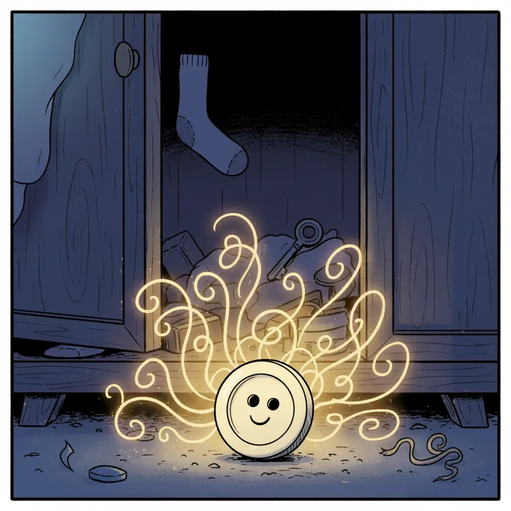 Costura, un botón sonriente, rodando en un armario oscuro mientras un camino de luz empieza a formarse detrás de él.