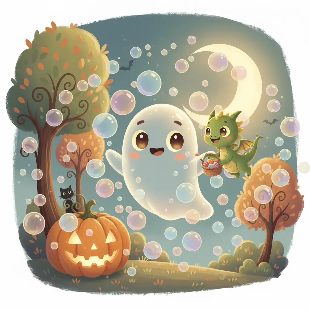 El fantasma y el niño comparten sonrisas y caramelos entre burbujas.