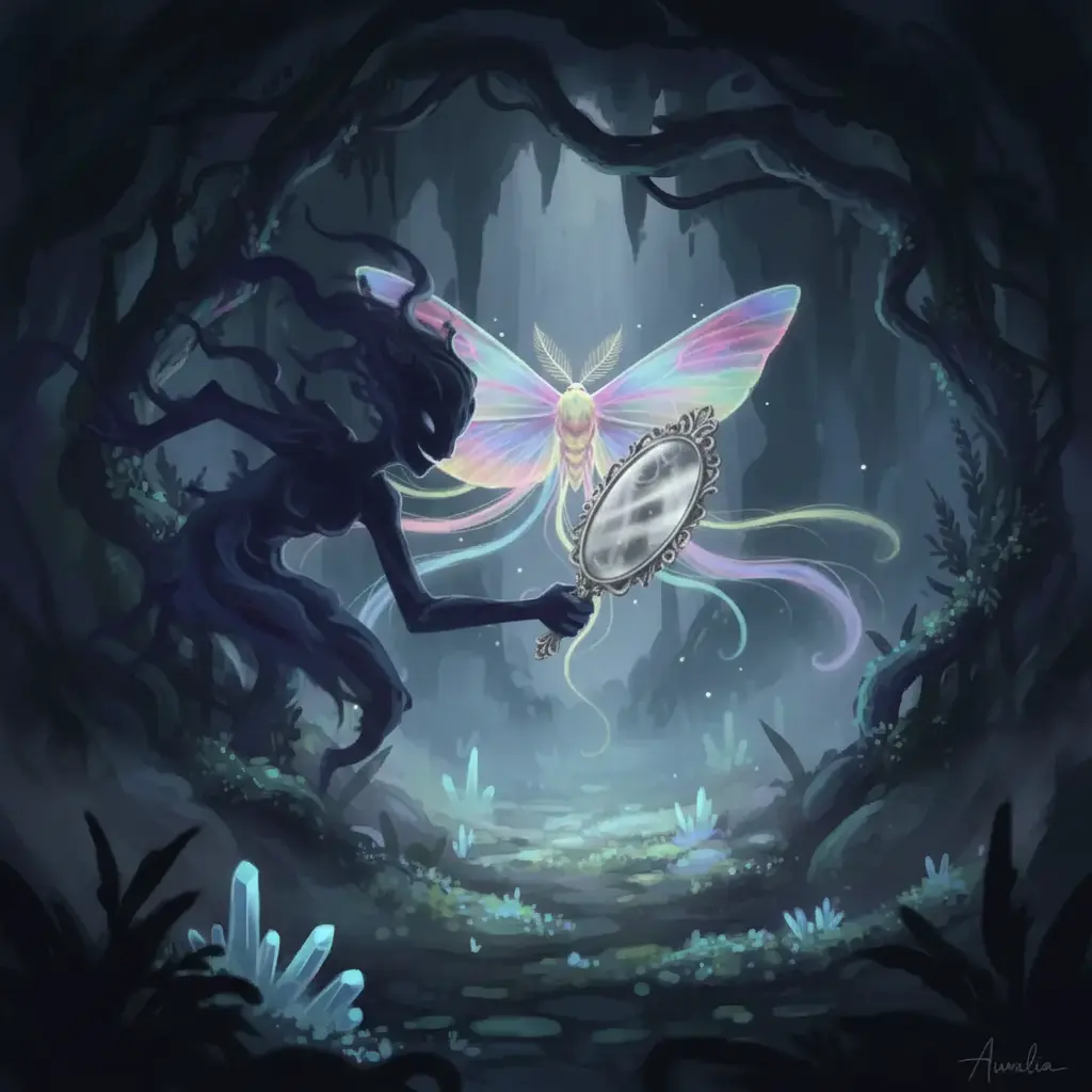 Una sombra juguetona ofrece un espejo de plata antigua a Aura, la polilla, en medio de la niebla.