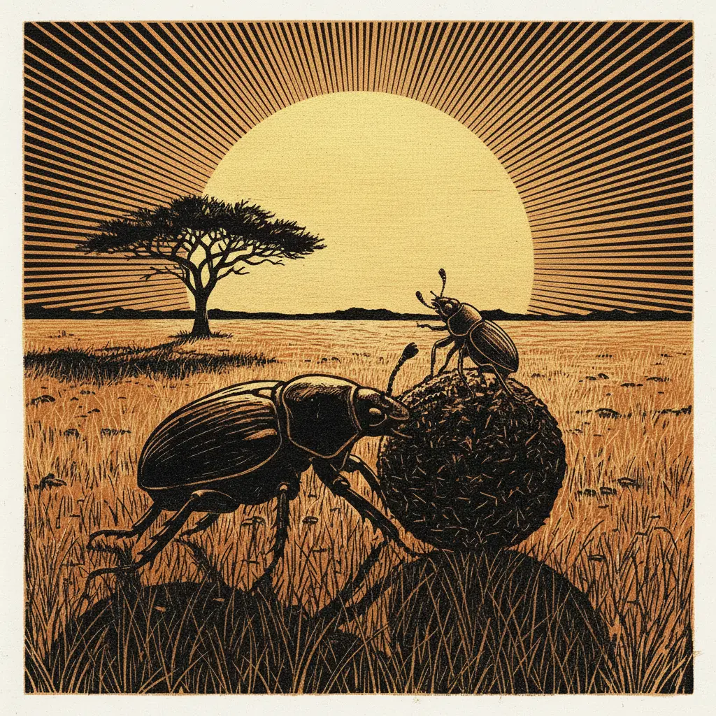 El escarabajo está subido encima de su bola, mirando hacia el gran sol brillante.