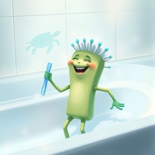 Cerdas Mágicas se ha caído un poco mientras cepilla la bañera, y aparece una tortuga en el vapor.