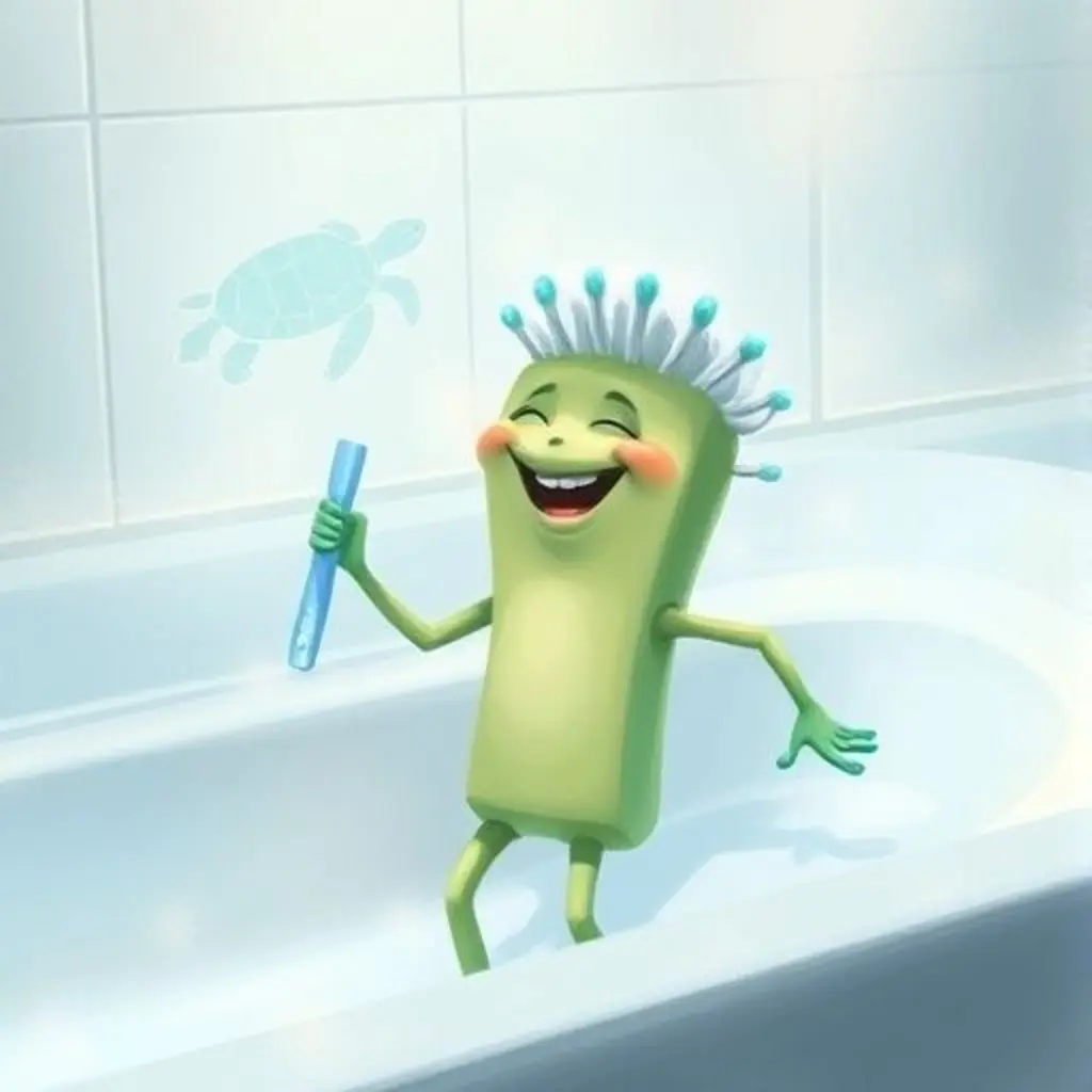 Cerdas Mágicas se ha caído un poco mientras cepilla la bañera, y aparece una tortuga en el vapor.