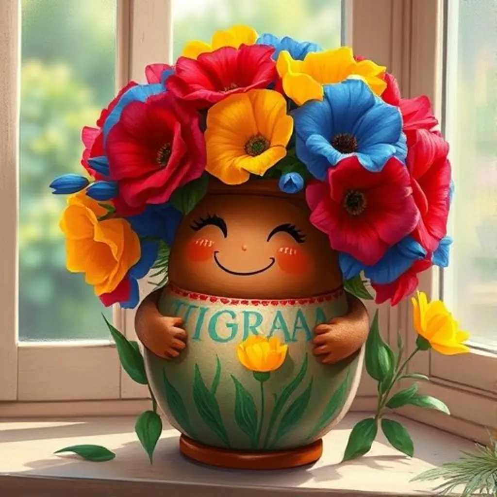 Tierra, la maceta, orgullosa de sus vibrantes flores en la ventana soleada.