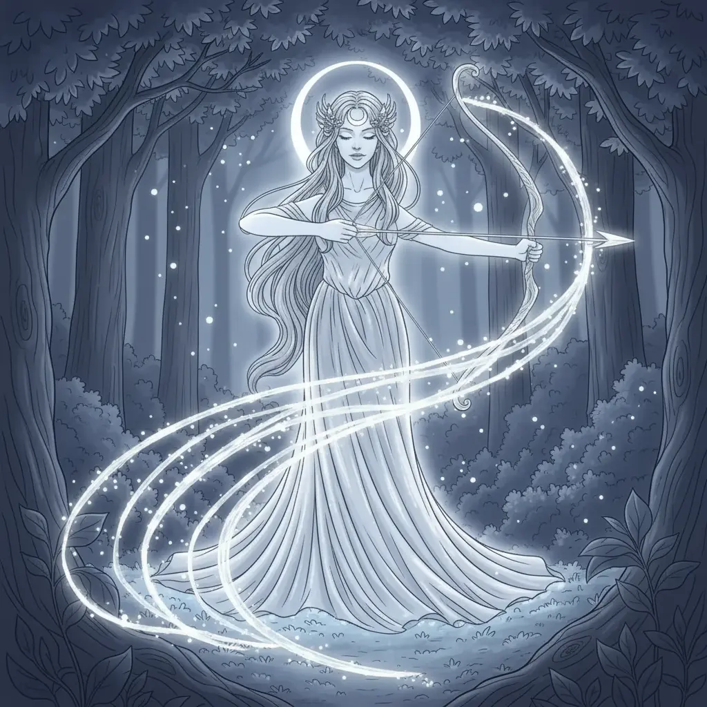 Artemisa dispara una flecha de plata que teje un tapiz de luz en la oscuridad del bosque.