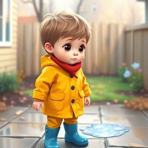 Leo, un niño con impermeable amarillo, mira un charco brillante en su jardín.