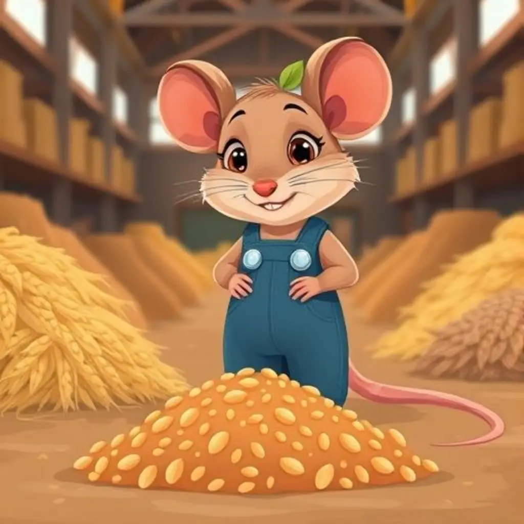 Timoteo el ratón escuchando granos en un granero.