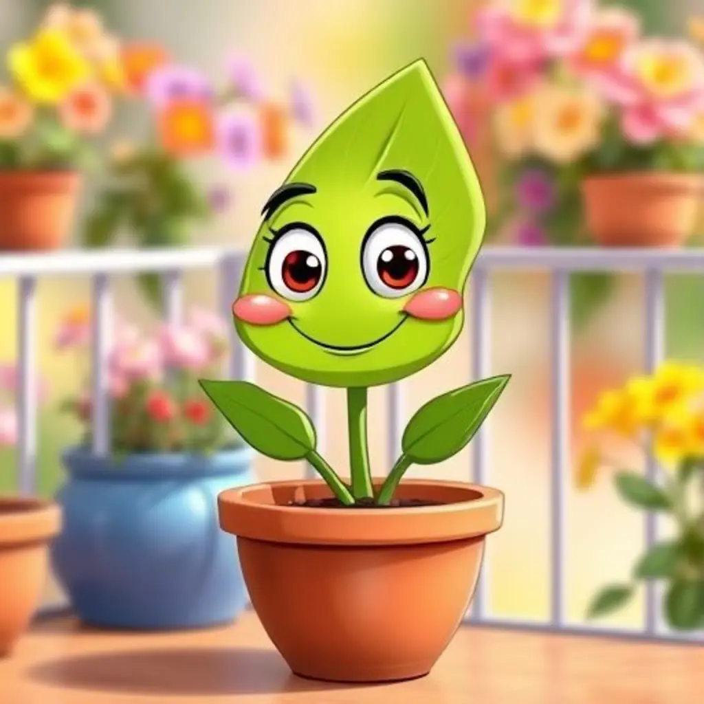 Oli, una hoja de geranio verde y sonriente, en una maceta en un balcón soleado.